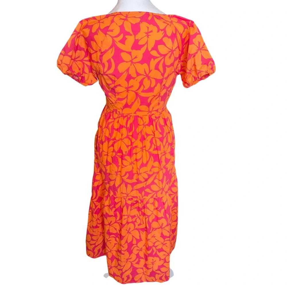 J.Crew Re-Imagined Orange Pink Floral Tiered Midi Dress V-Neck‎ Puff Sleeve